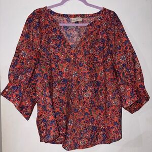 Universal Thread Red Floral V-Neck Blouse with Blue & Green Accents